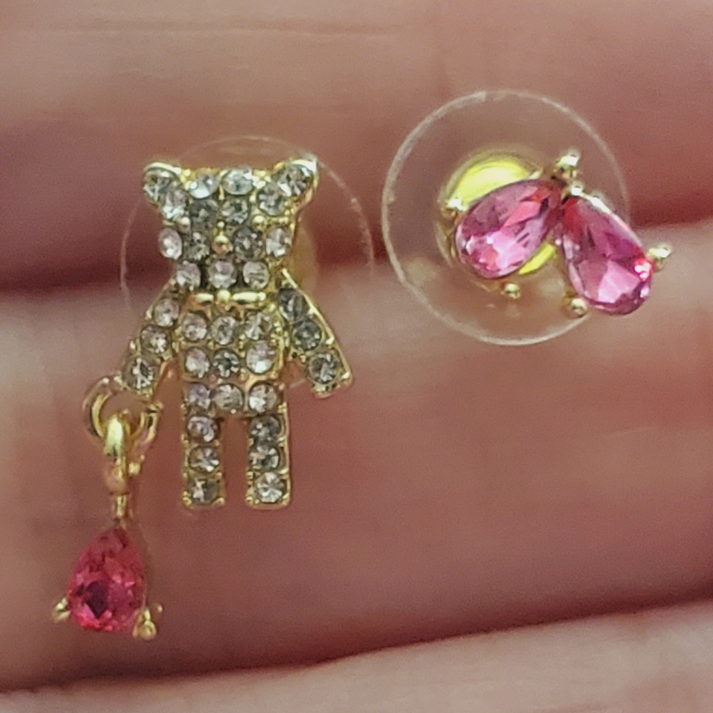 925 Sterling Gold Plated Paved Bear Flower Petals Earrings Crystals 25$
